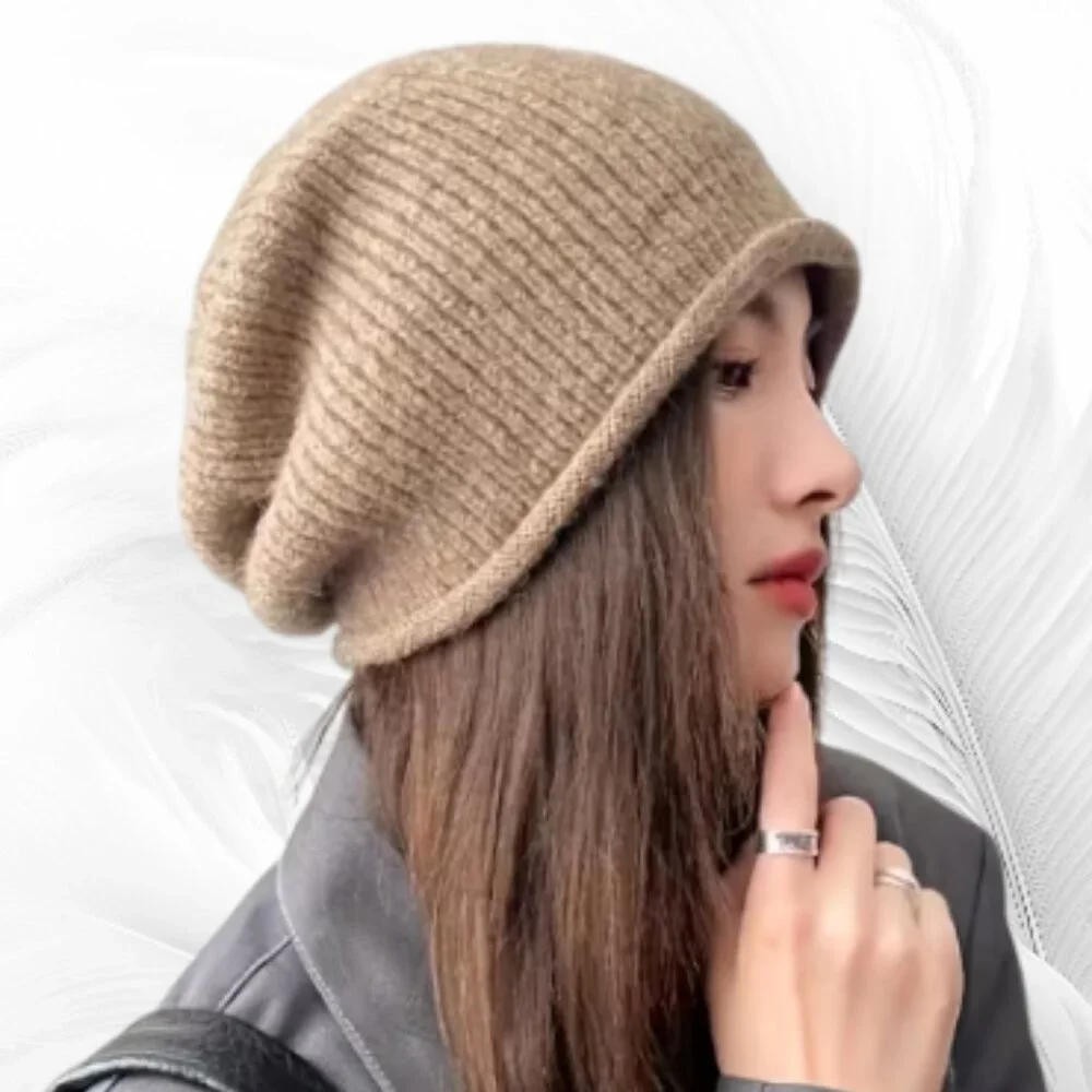 New Beige Knit Winter Bonnet Hat With Ties